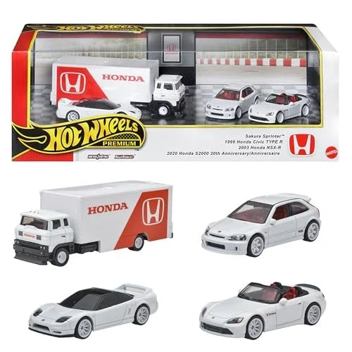 Hot Wheels Honda Premium Collector Set with 3 Die-Cast Cars and 1 Transporter Truck, High-Detail Metal Models for Collectors,