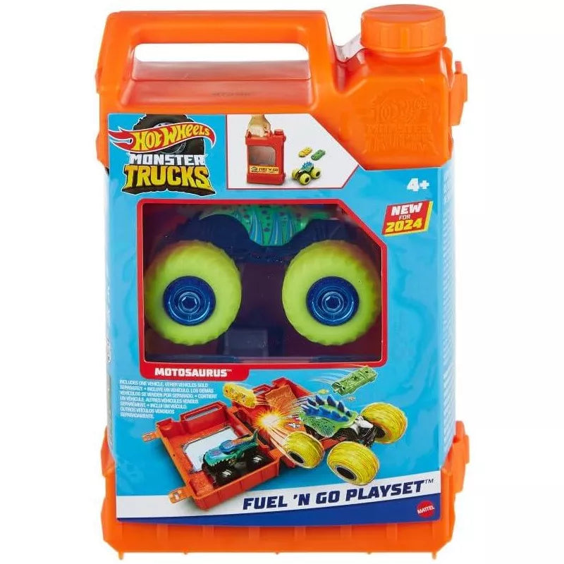 Hot Wheels Monster Trucks Fuel N’ Go Playset With 1:64 Scale Motosaurus Toy Truck & 2 Crushed Cars