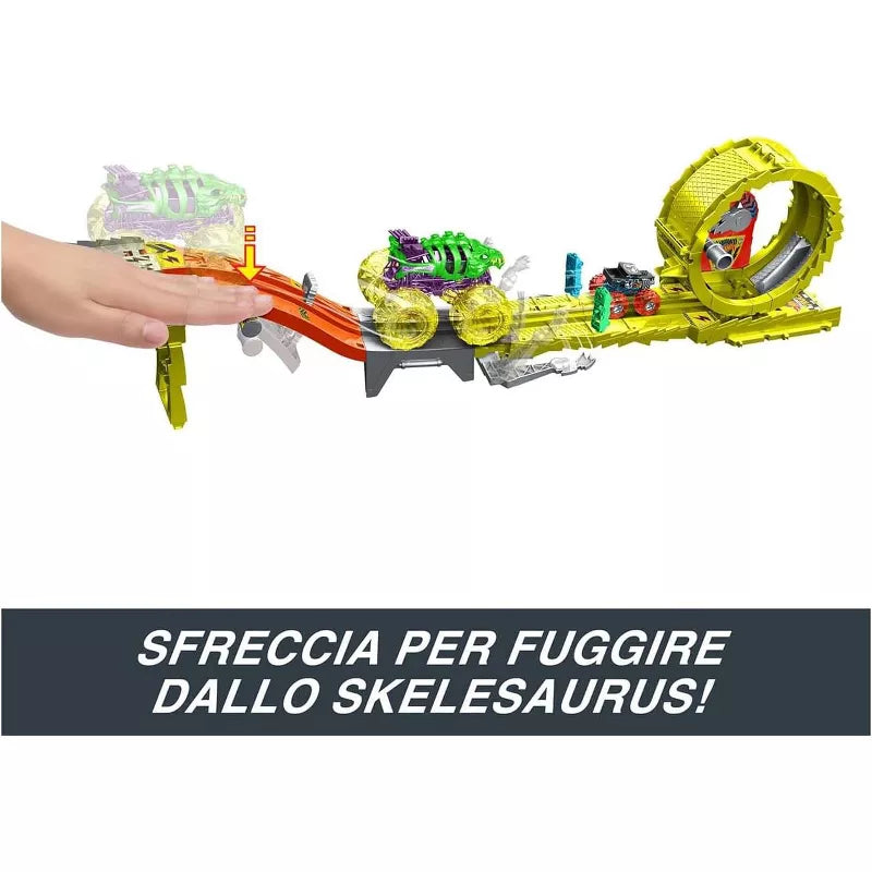 Hot Wheels Monster Trucks Power Smashers Charge & Chase Challenge Track Set With Oversized Skelesaurus, 1:64 Scale Bone Shaker & 2 Crushed Cars thumbnail