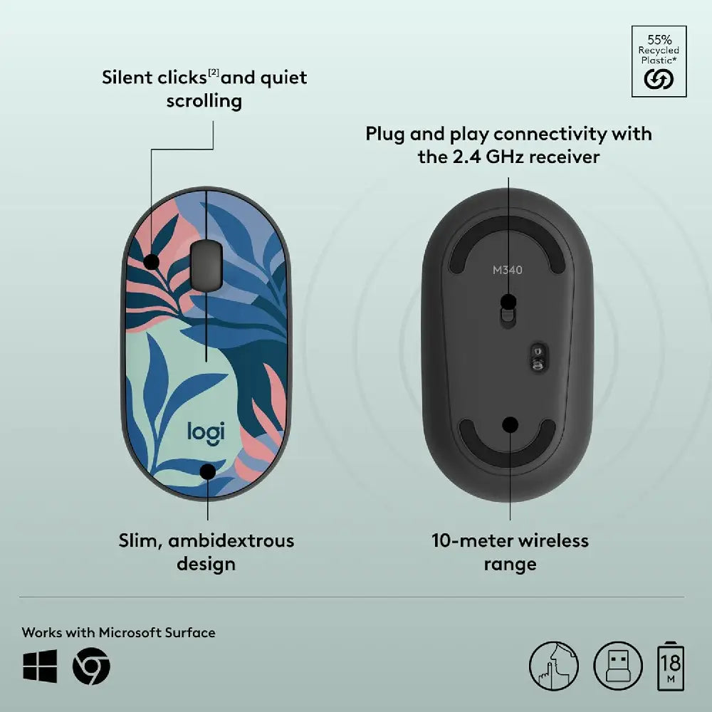 Logitech M340 Wireless Mouse Floral Leaves thumbnail