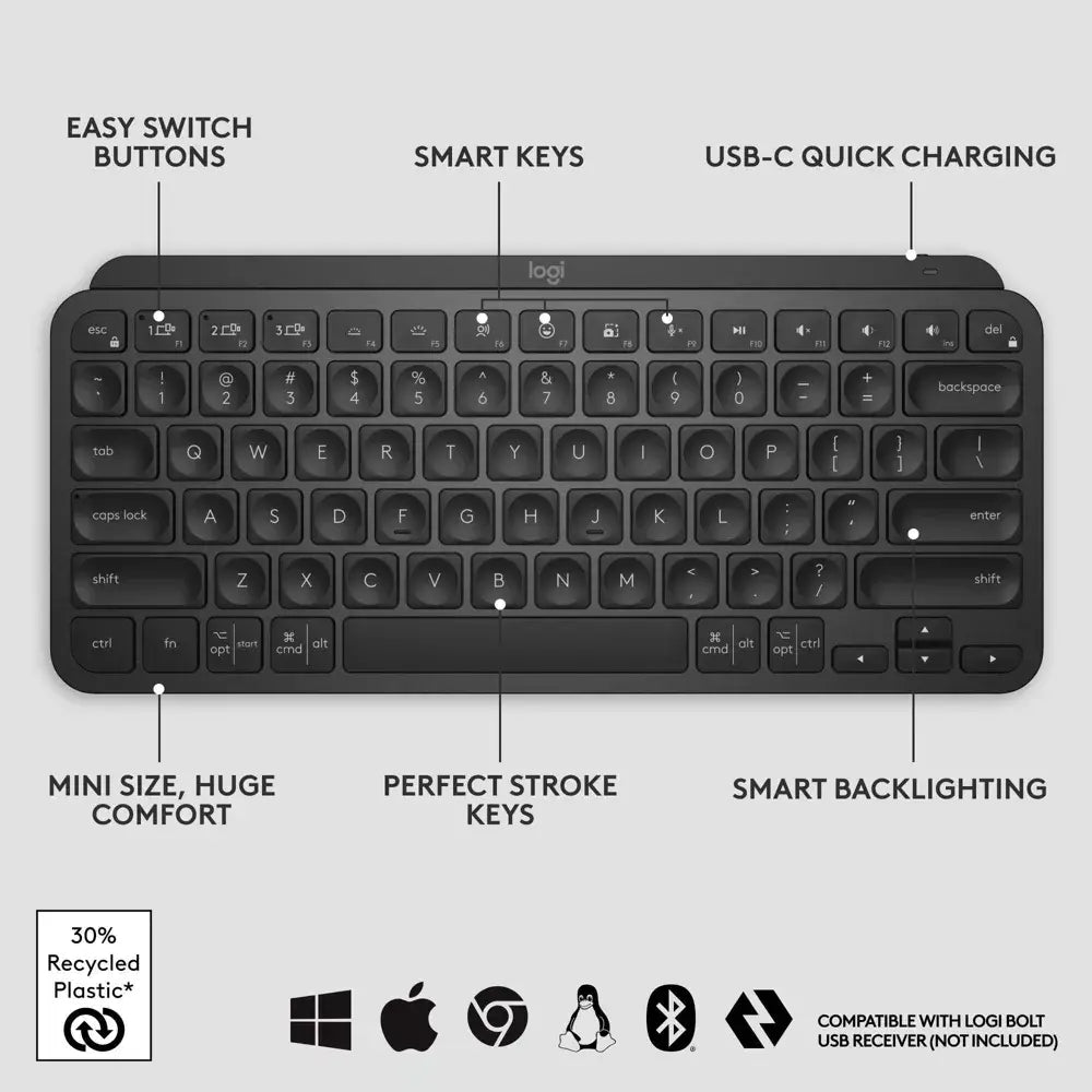 Logitech MX Keys Mini Wireless Illuminated Keyboard for Business. Meet the MX Keys Mini – a compact, smarter, and more powerful wireless keyboard designed with creators in mind. 920-010594 thumbnail