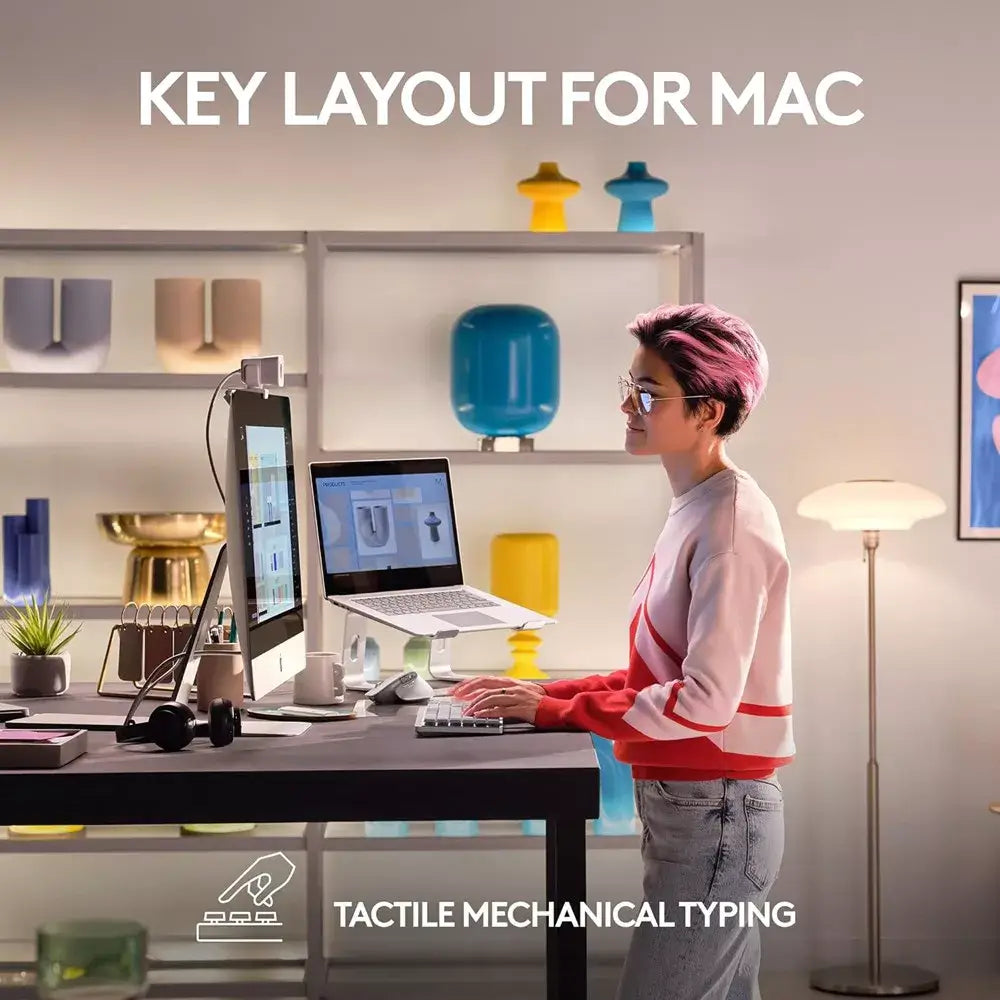Logitech MX Mechanical Mini for Mac Wireless Illuminated Keyboard Pale Grey. Take advantage of advanced wireless connectivity that offers a clean, cable-free workspace and dependable performance—perfect for Mac users on the move or at home 920-010553 thumbnail