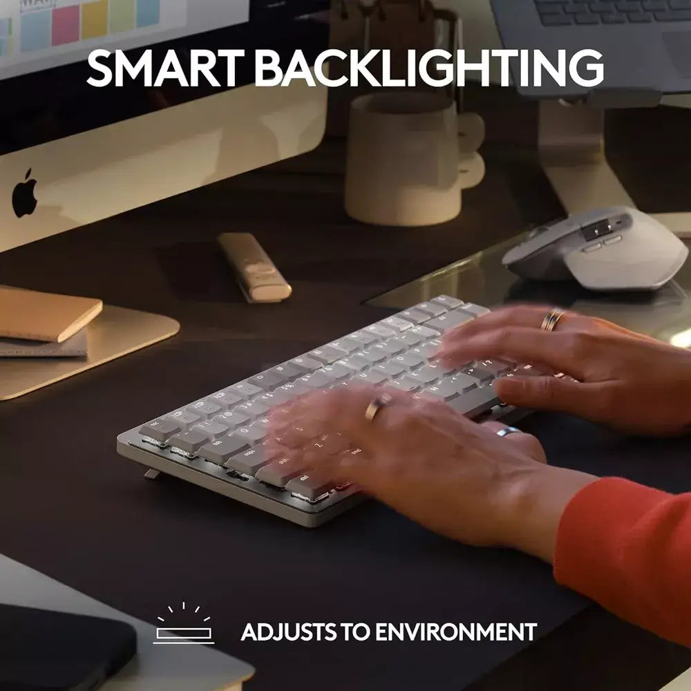 Logitech MX Mechanical Mini for Mac Wireless Illuminated Keyboard Pale Grey. Take advantage of advanced wireless connectivity that offers a clean, cable-free workspace and dependable performance—perfect for Mac users on the move or at home 920-010553 thumbnail
