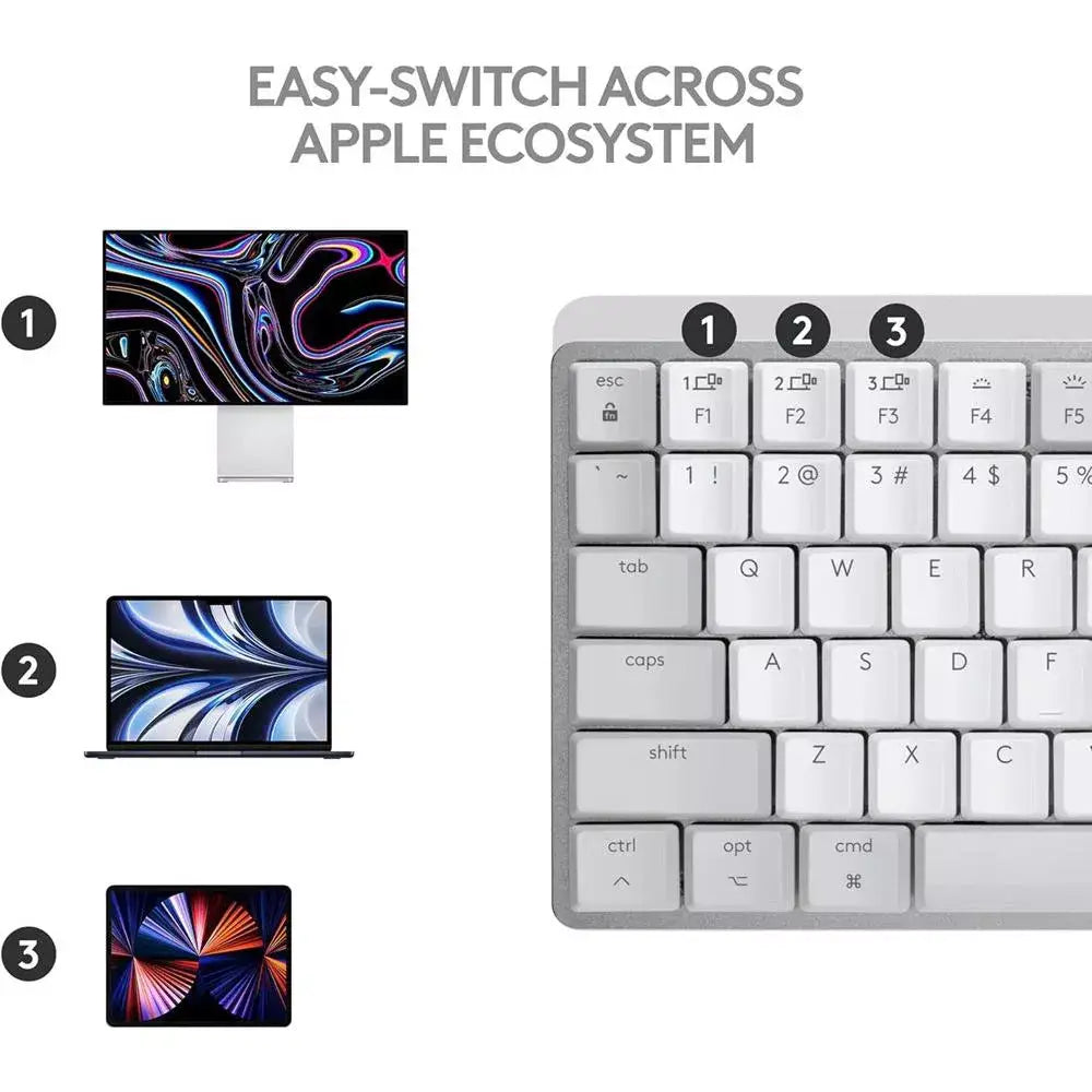 Logitech MX Mechanical Mini for Mac Wireless Illuminated Keyboard Pale Grey. Take advantage of advanced wireless connectivity that offers a clean, cable-free workspace and dependable performance—perfect for Mac users on the move or at home 920-010553 thumbnail