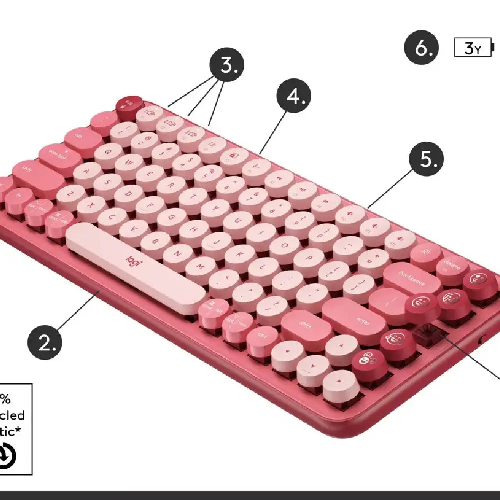 Logitech POP Keys Wireless Bluetooth Mechanical Keyboard - Rose. Designed for both style and function, POP Keys includes 8 swappable emoji keys (4 pre-installed, 4 extra in the box) and 1 dedicated emoji menu key. 920-010709 thumbnail
