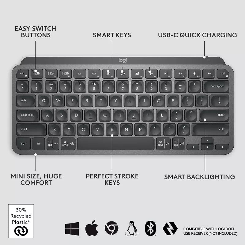 Logitech MX Keys Mini Minimalist Wireless Illuminated Keyboard, Compact, Bluetooth, Backlit, USB-C, - Graphite thumbnail