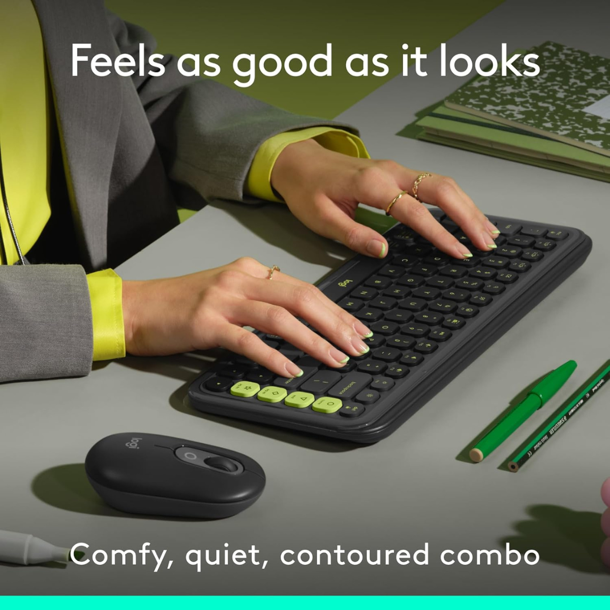 Logitech POP ICON Combo, Bluetooth Keyboard and Mouse Combo, Comfortable Typing, programmable Keys and Buttons, Quiet clicks, Easy-Switch up to 3 Devices - Graphite and Lime thumbnail