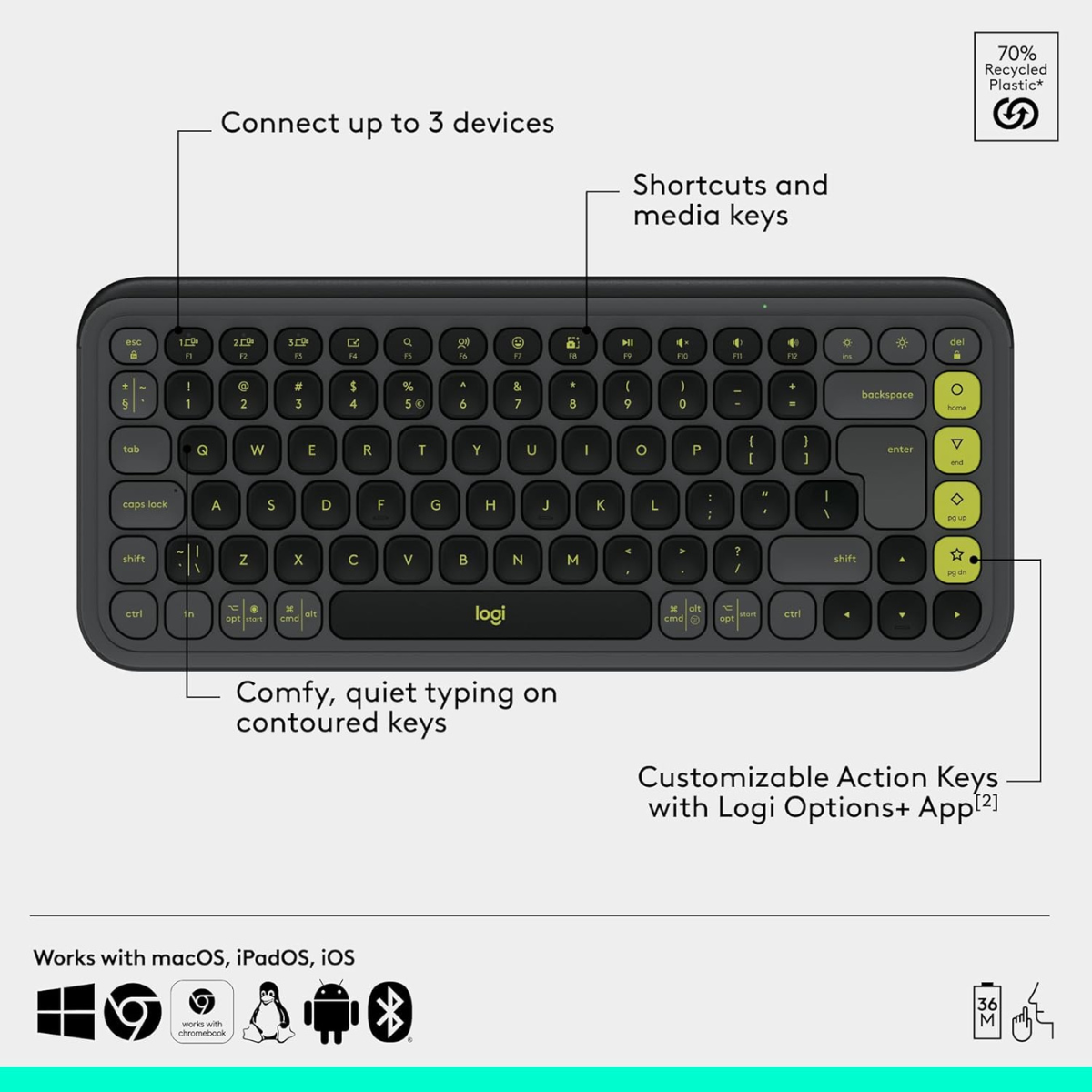 Logitech POP ICON Combo, Bluetooth Keyboard and Mouse Combo, Comfortable Typing, programmable Keys and Buttons, Quiet clicks, Easy-Switch up to 3 Devices - Graphite and Lime thumbnail