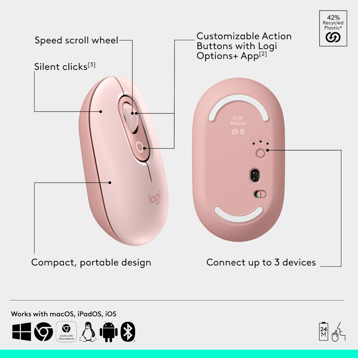 Logitech POP Mouse, Compact and Portable Wireless Bluetooth Mouse with Programmable Buttons and Quiet Clicks, Easy-Switch Between up to 3 Devices, Laptop, Tablet, PC - Rose thumbnail