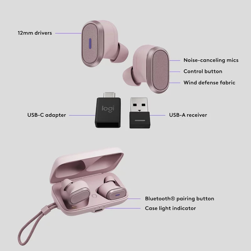 Logitech Zone True Wireless Bluetooth Noise Canceling Earbuds with Microphone, Hybrid ANC, Transparency Mode, - Rose thumbnail