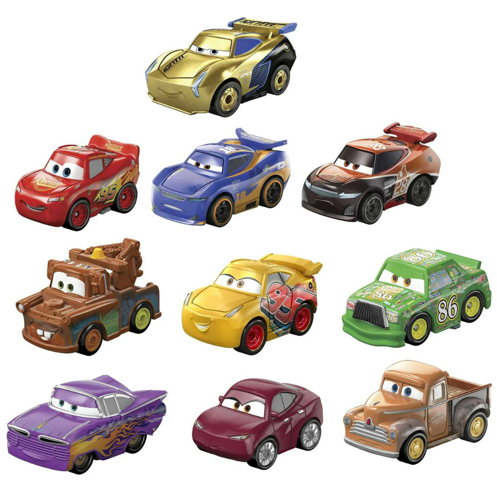 Mattel Disney Pixar Cars Mini Racers 10 Pack of Collectible Toy Vehicles. This limited-edition 10-pack features rare mini racers from Disney Pixar's Cars, making it the perfect addition for both collectors and fans. GKG08 thumbnail