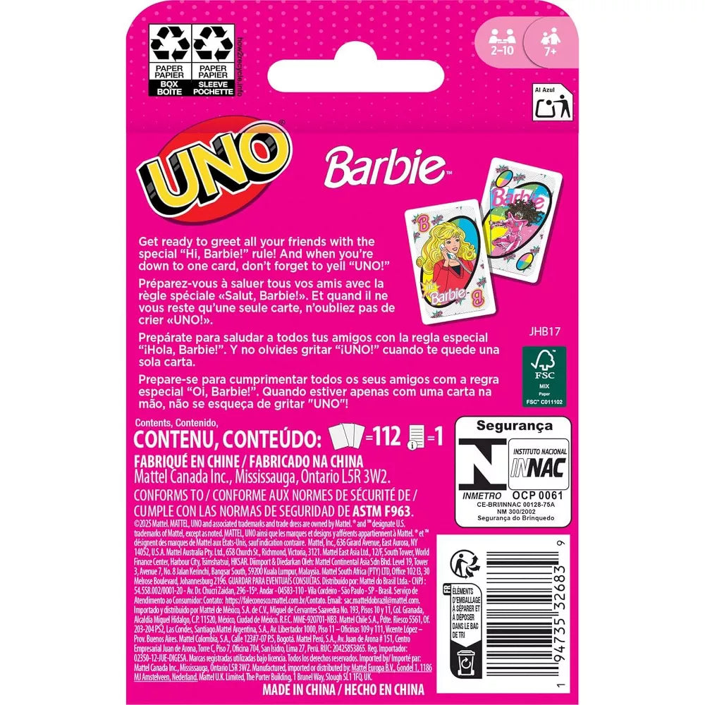 Mattel Games UNO Barbie Card Game for 2–10 Players thumbnail