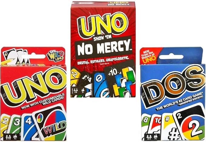 Mattel UNO No Mercy, UNO Flip & DOS Card Game Combo Pack of 3 – Family Party Game Set for Kids, Teens & Adults