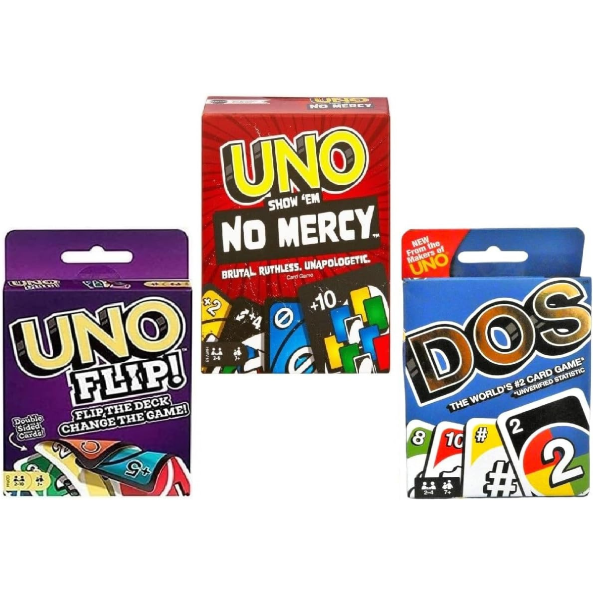 Mattel UNO No Mercy, UNO Flip & DOS Card Game Combo Pack of 3 – Family Party Game Set for Kids, Teens & Adults