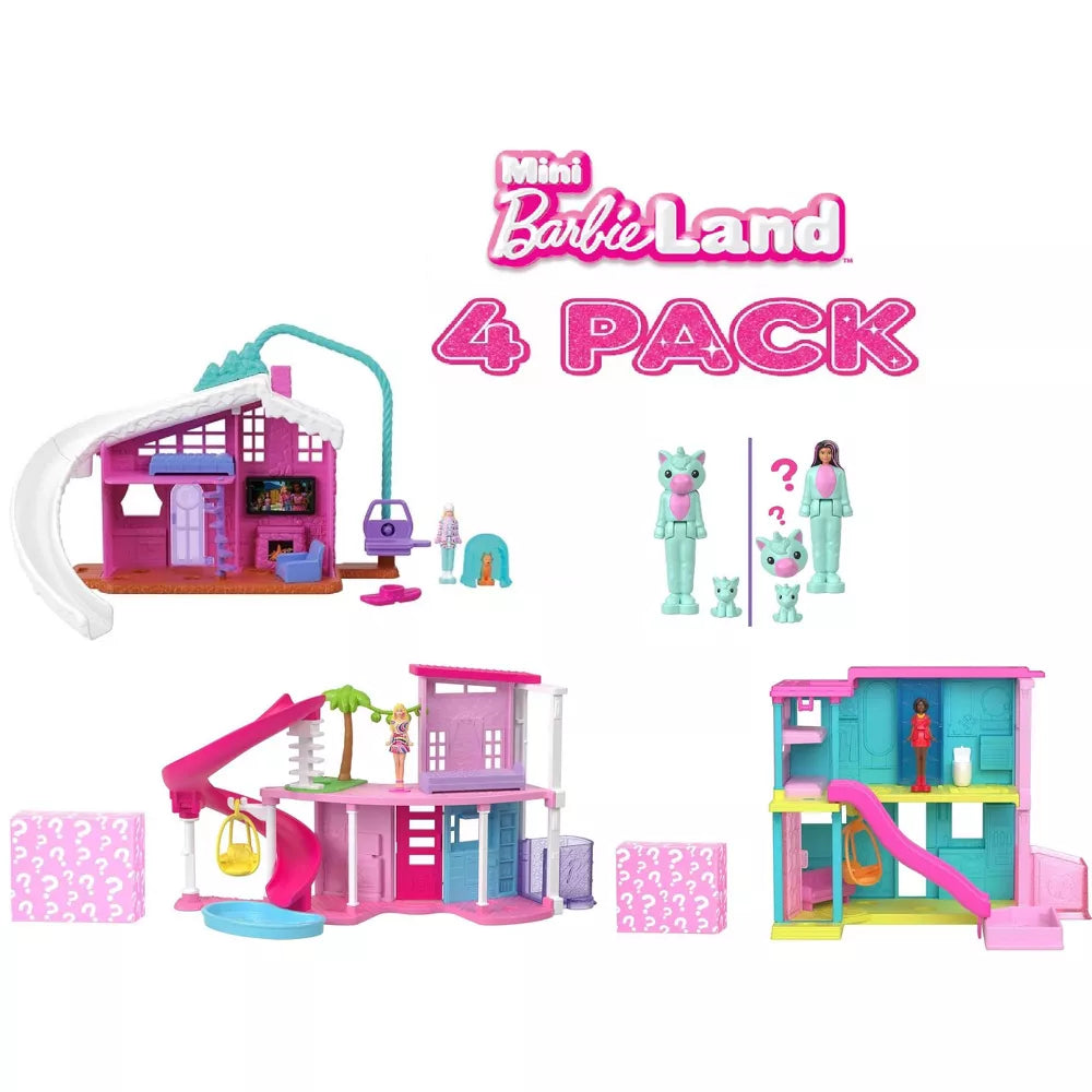 Mini BarbieLand Playset 4-Pack Bundle by Mattel, Includes Mini Barbie Houses & Rooms with 1.5-Inch Mini Barbie Dolls and Themed Accessories