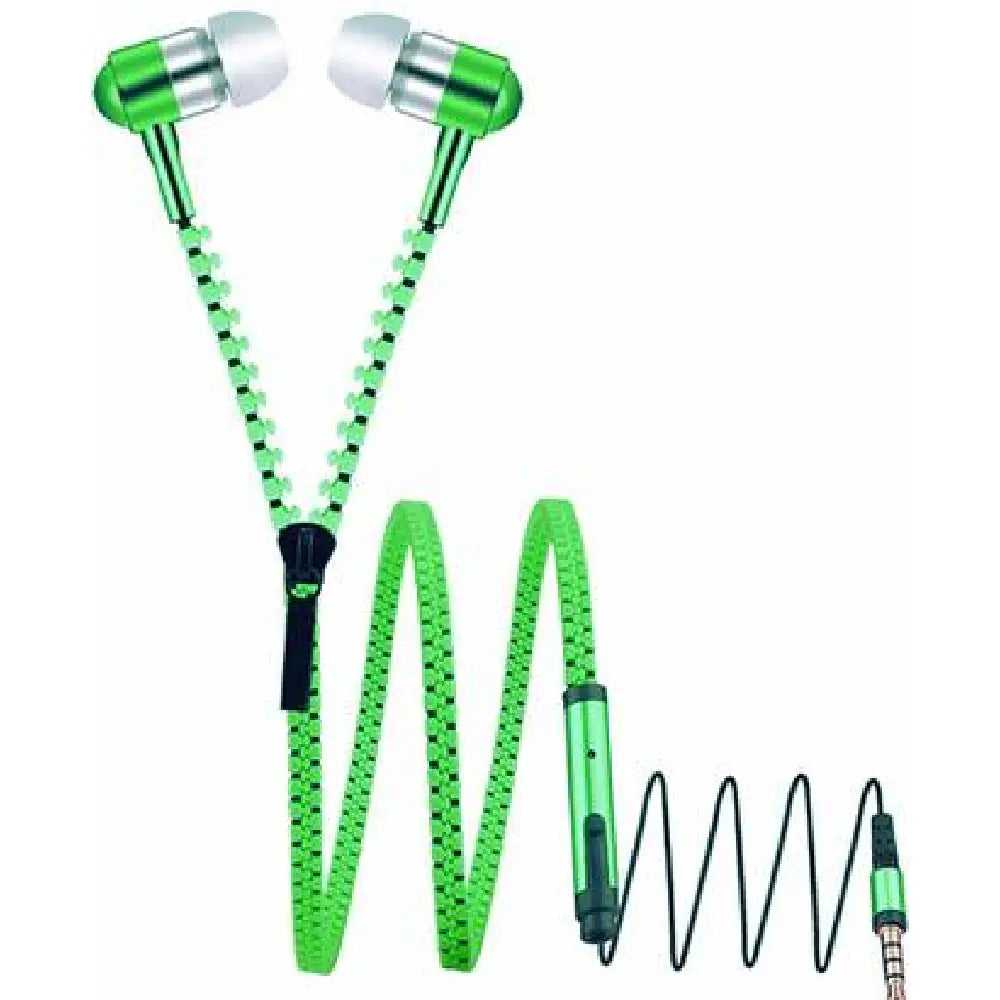 No Tangle, ZIPPER EARPHONES with Mic, Earbud, GREEN thumbnail