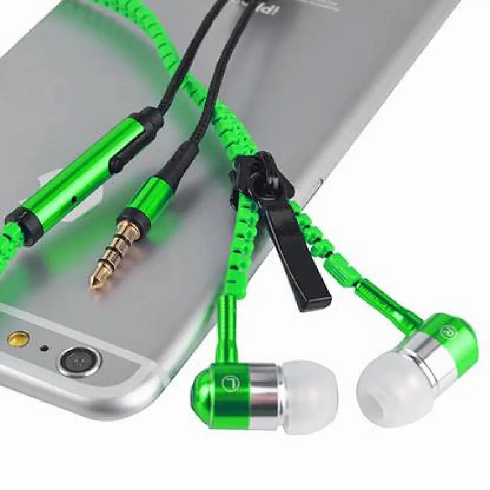No Tangle, ZIPPER EARPHONES with Mic, Earbud, GREEN thumbnail