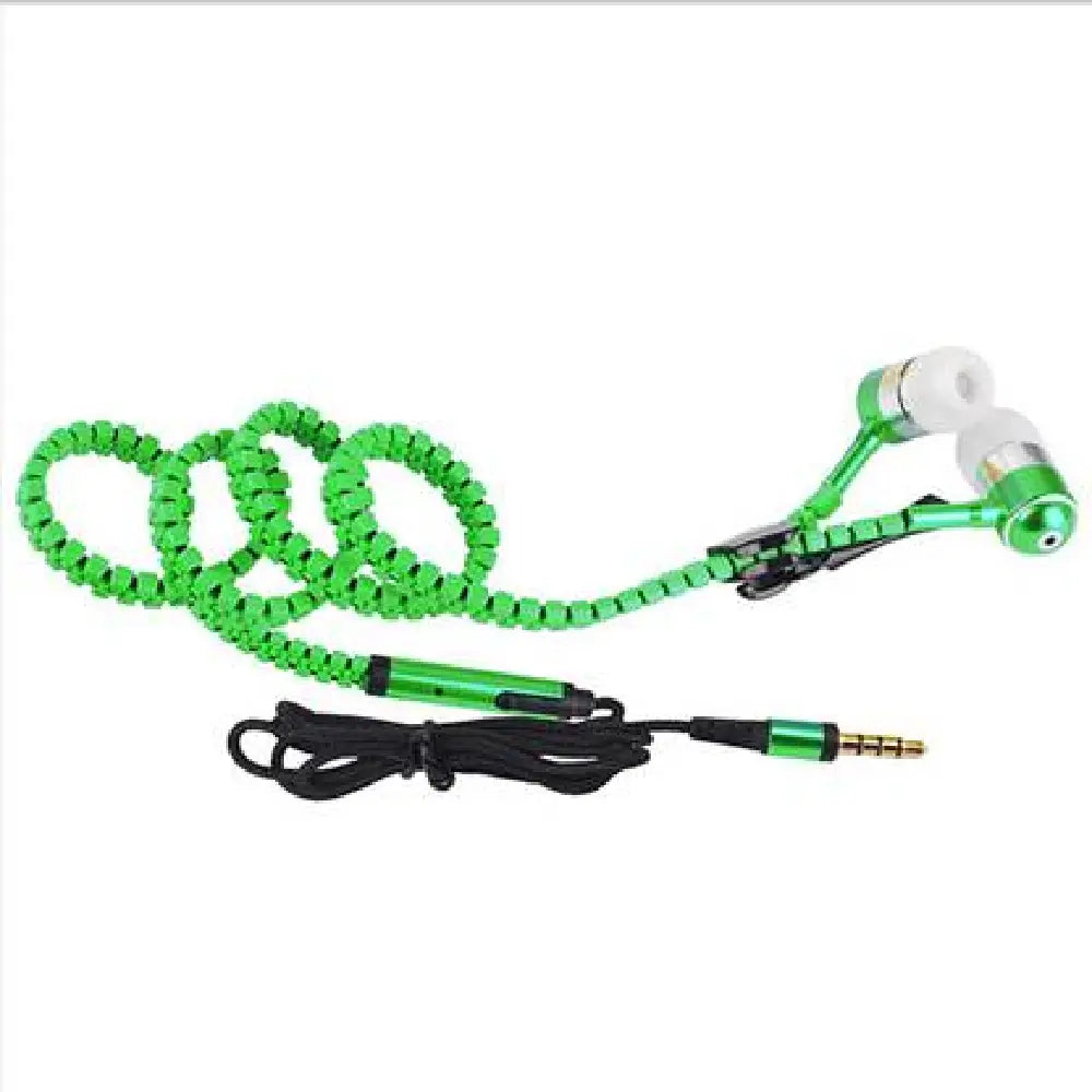 No Tangle, ZIPPER EARPHONES with Mic, Earbud, GREEN thumbnail