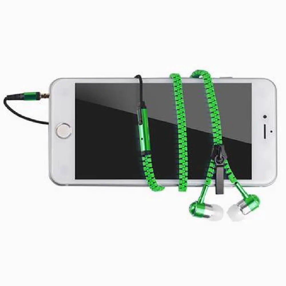 No Tangle, ZIPPER EARPHONES with Mic, Earbud, GREEN thumbnail