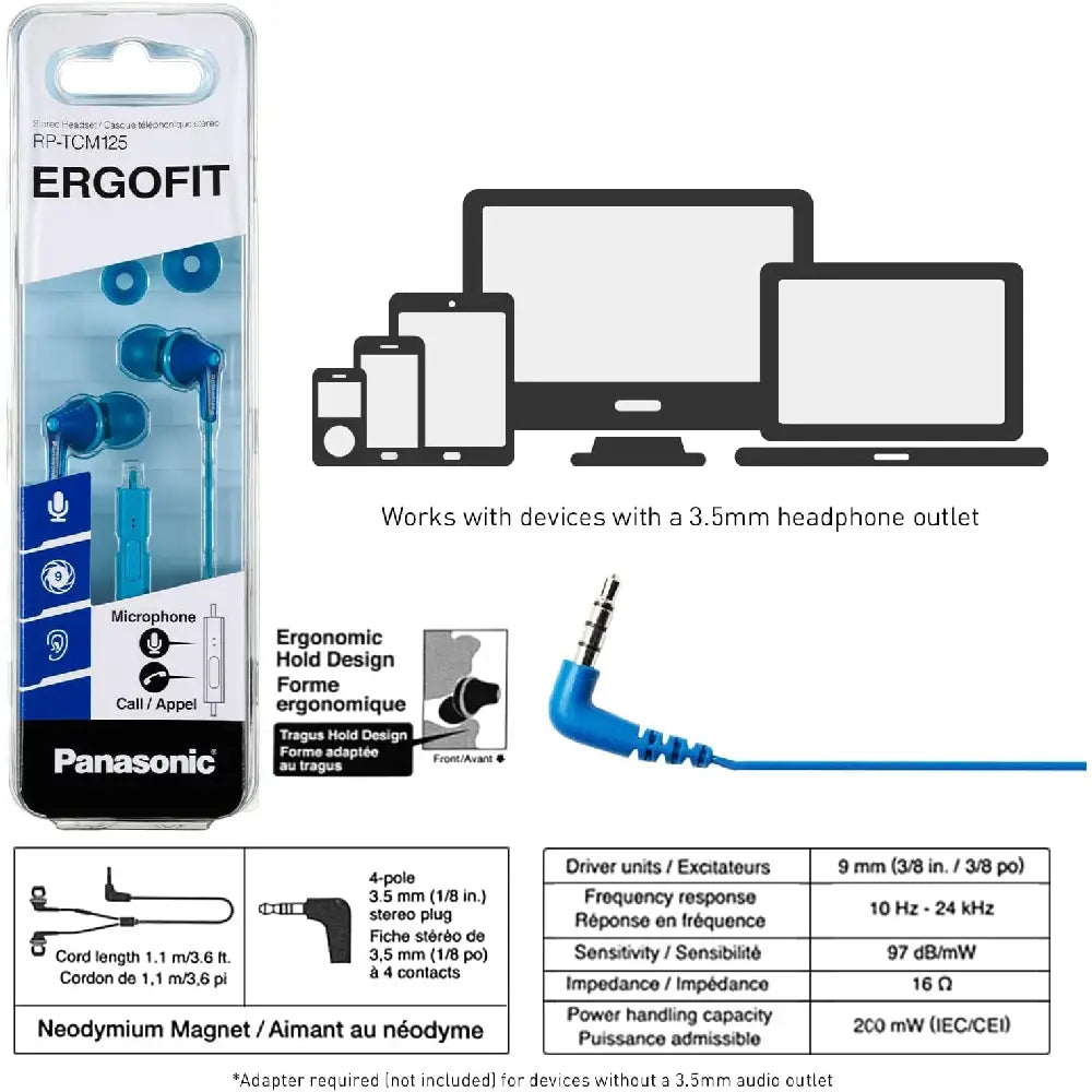PANASONIC ErgoFit Earbud Headphones with Microphone RP-TCM125-A BLUE thumbnail