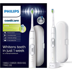 PHILIPS Sonicare ProtectiveClean 6100 Rechargeable Electric Toothbrush with Pressure Sensor, 3 Cleaning Modes, SmarTimer, QuadPacer, 14-Day Battery Life, Travel Case, White