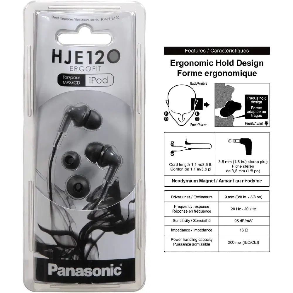 Panasonic In-Ear Earbud Headphones BLACK RP-HJE120 thumbnail