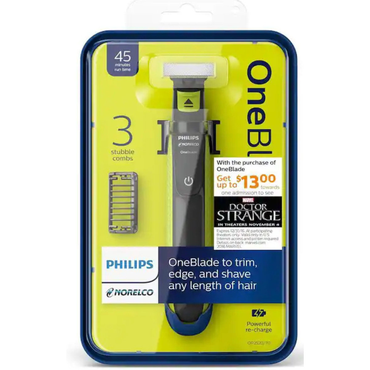 Philips Norelco OneBlade Rechargeable Men’s Face Trimmer & Razor – Hybrid Electric Grooming Tool for Shaving, Edging, and Styling