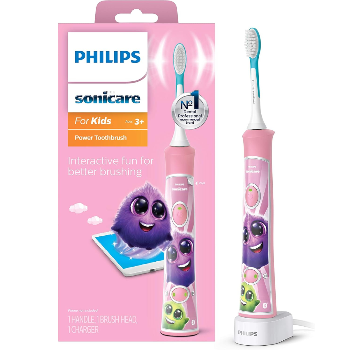 Philips Sonicare for Kids 3+ Bluetooth Connected Rechargeable Electric Power Toothbrush, Interactive Brushing App, Gentle Sonic Cleaning, Pink thumbnail