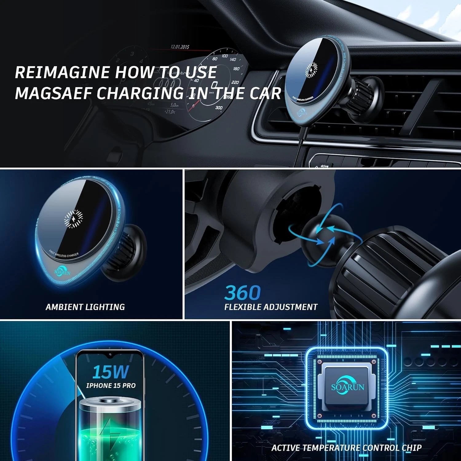 SOARUN 15W Mag-Safe Car Mount Charger – Magnetic Fast Wireless Car Charger for iPhone thumbnail
