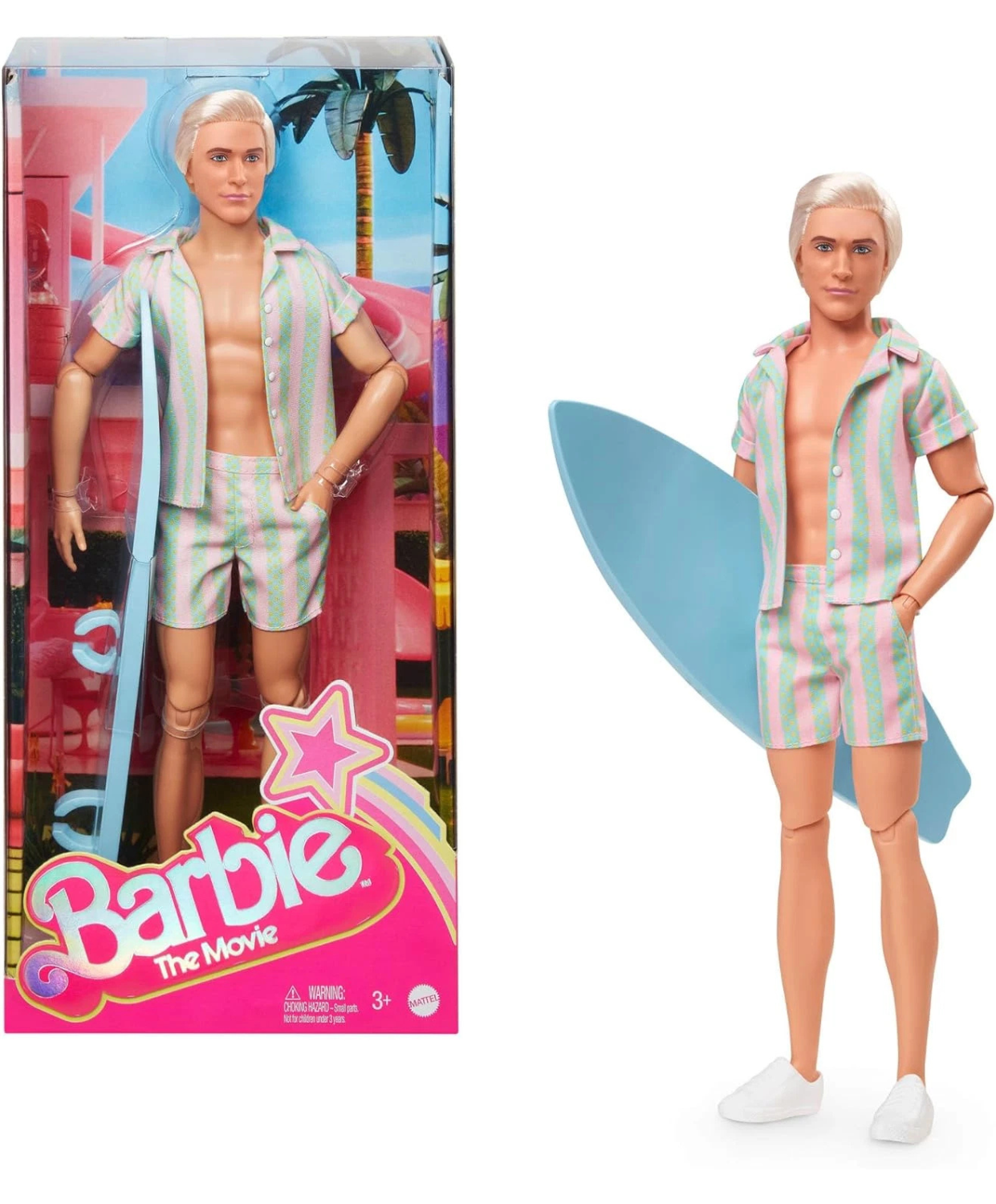 Barbie: The Movie Ken Doll Wearing Pastel Striped Beach Matching Set – Fashion Doll with Stylish Summer Outfit