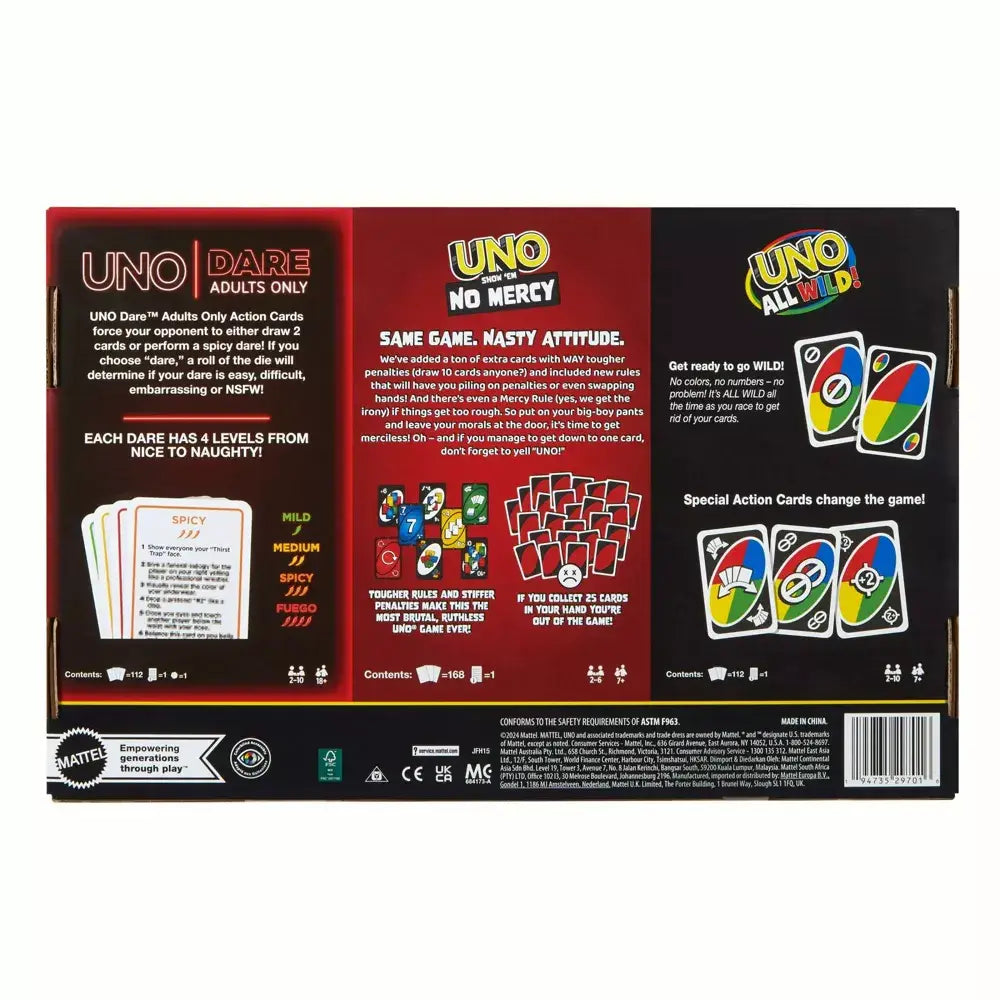 UNO All Wild, UNO Show ‘em No Mercy, UNO Dare Adults Only 3 Card Game Bundle thumbnail