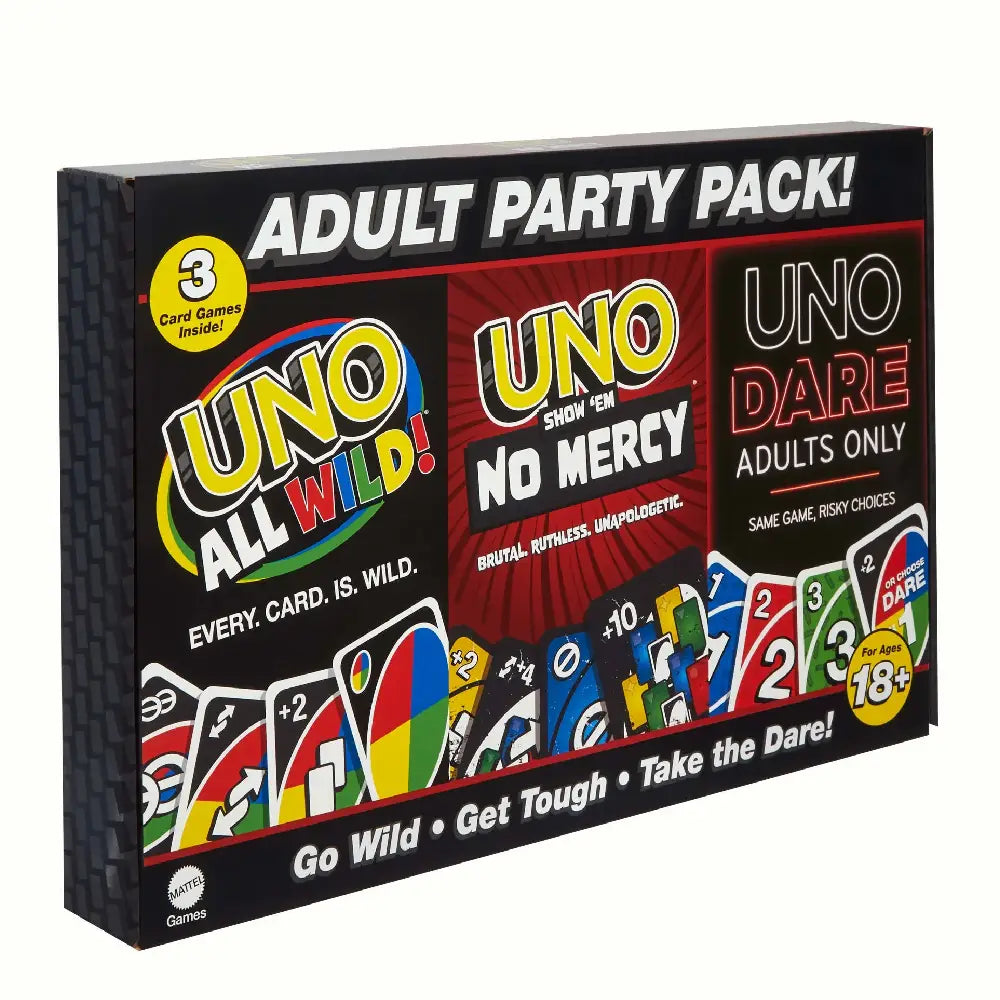 UNO All Wild, UNO Show ‘em No Mercy, UNO Dare Adults Only 3 Card Game Bundle thumbnail