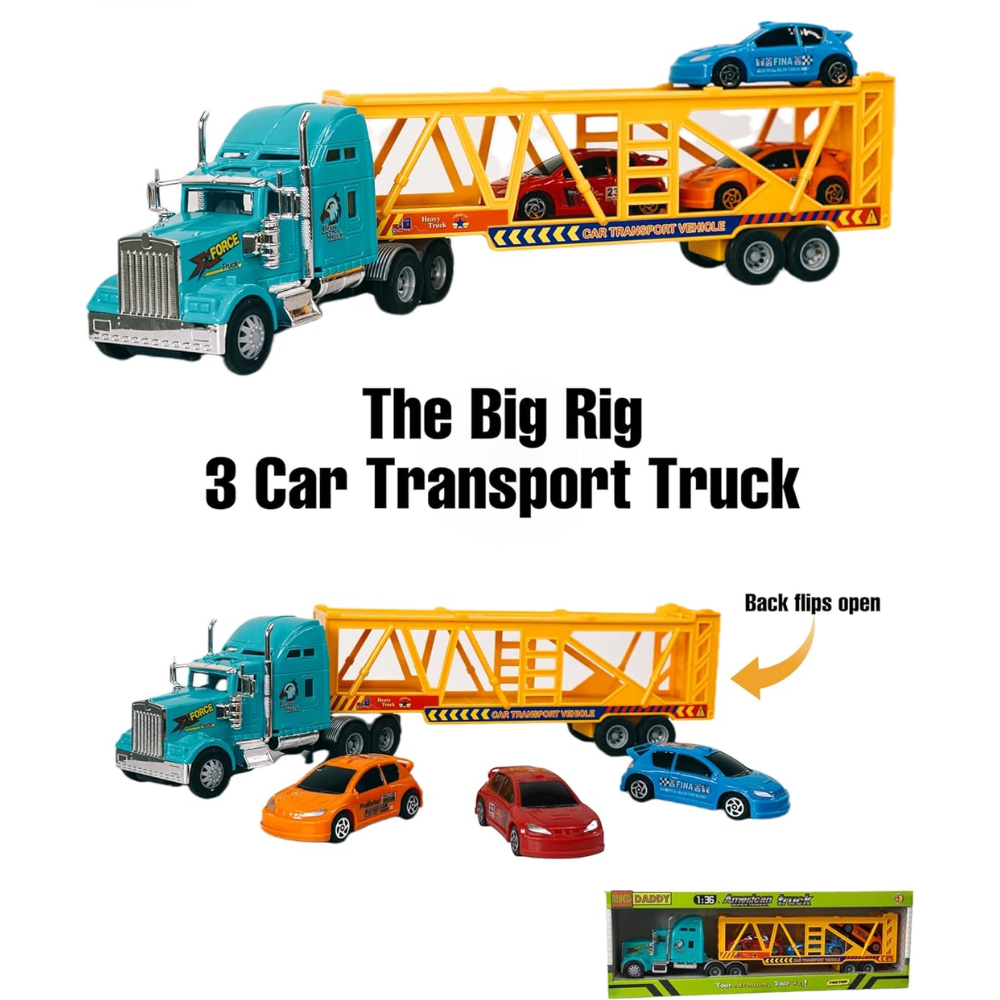 Big Daddy Big Rig Heavy Duty Tractor Trailer Transport Car Transport Toy Truck with 3 Cars. This carrier system blends eye-catching design with functional, interactive features—perfect for little race enthusiasts! BD-32416 thumbnail