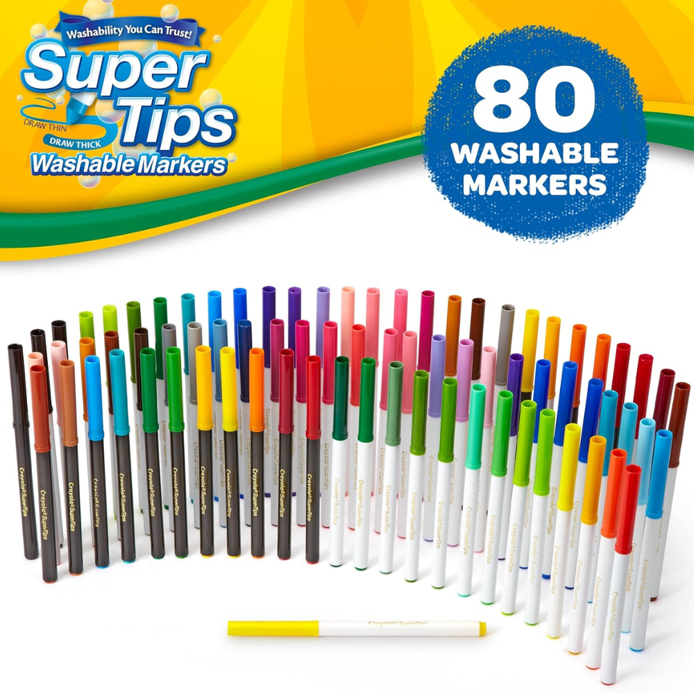 CRAYOLA Super Tips Washable Markers 80 Count Includes Scented Markers. Ignite your child's imagination with Crayola SuperTips Washable Markers, the ultimate art supplies for kids who love to color and create.58-5880 thumbnail