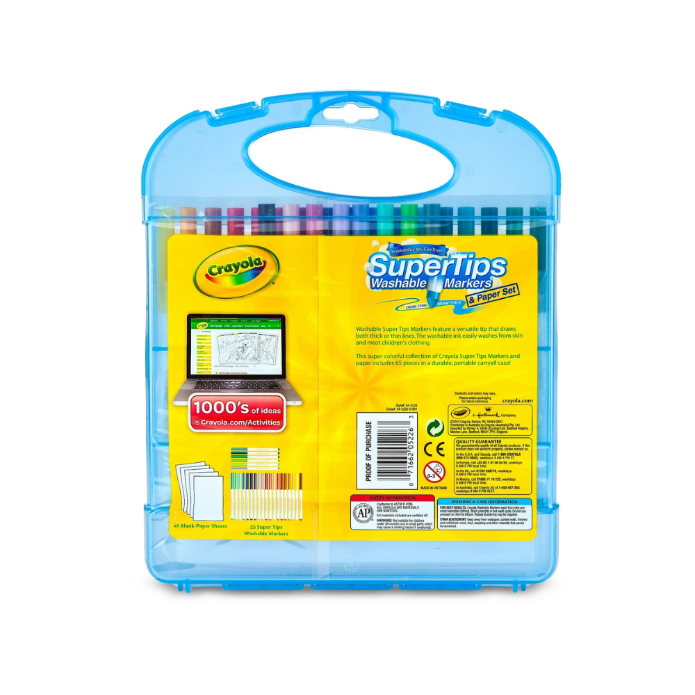 Crayola Super Tips Washable Markers and Paper Set 65 Piece Art Kit. This set features 25 washable super tip markers in a range of vibrant colors, ideal for crafting bold and beautiful artwork without the concern of stubborn stains. 04-5226 thumbnail