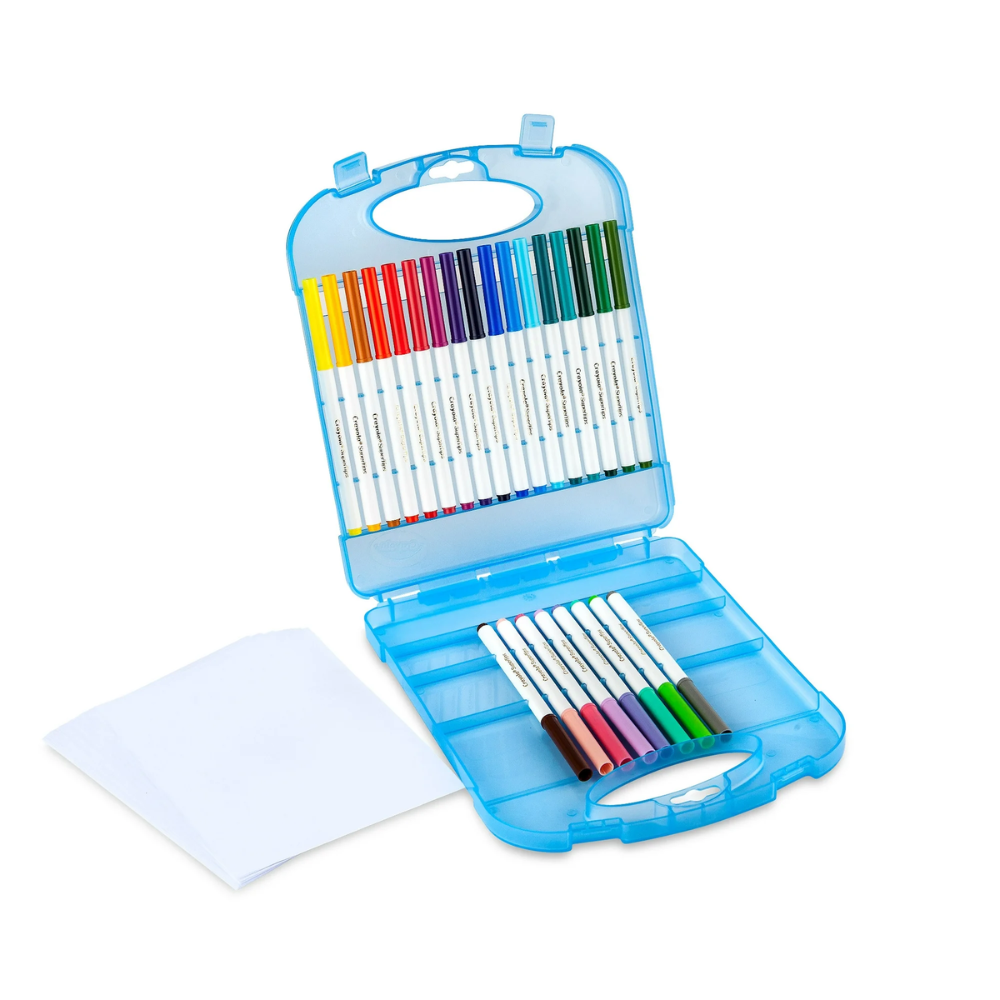 Crayola Super Tips Washable Markers and Paper Set 65 Piece Art Kit. This set features 25 washable super tip markers in a range of vibrant colors, ideal for crafting bold and beautiful artwork without the concern of stubborn stains. 04-5226 thumbnail
