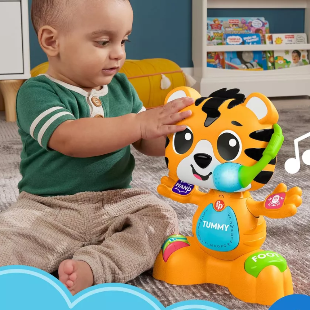Fisher-Price Link Squad Bop & Groove Tiger Baby Learning Toy with Music & Lights. Colorful lights flash in harmony with the music, drawing infants' attention and providing visual stimulation to aid their sensory development. HTX04 thumbnail