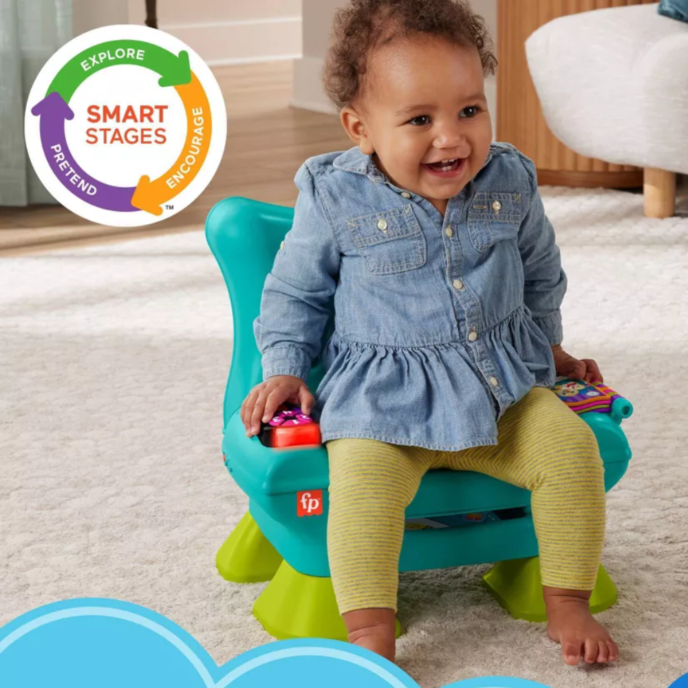 Fisher-Price Laugh & Learn Toddler Learning Toy Smart Stages Chair Teal. The bright colors and playful lights grab toddlers' attention, encouraging sensory exploration and active engagement with the toy. HTW90 thumbnail