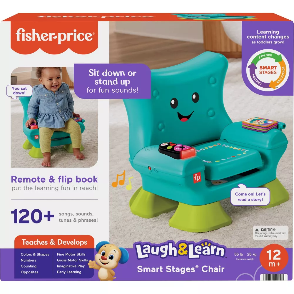 Fisher-Price Laugh & Learn Toddler Learning Toy Smart Stages Chair Teal. The bright colors and playful lights grab toddlers' attention, encouraging sensory exploration and active engagement with the toy. HTW90 thumbnail