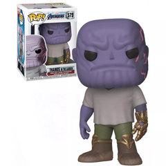 Funko Pop! Marvel: Avengers Endgame - Casual Thanos with Gauntlet. Thanos wears the Infinity Gauntlet on his left hand for a strategic reason—he is naturally right-handed. F-45141