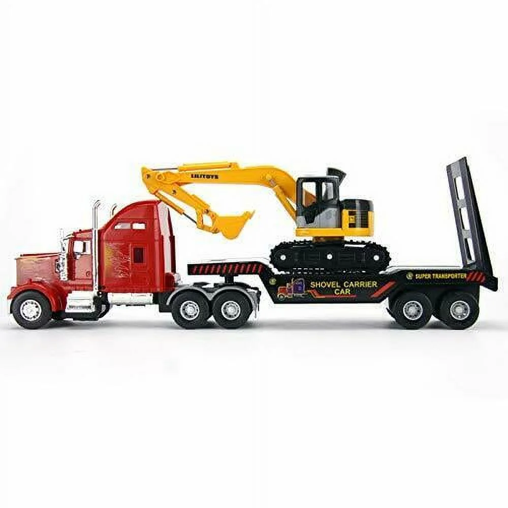 Big Rig Heavy Duty Tractor Trailer Transport Series Flatbed with Excavator Inc. The Big-Daddy Heavy Duty Big Rig Series features a rugged tractor trailer designed for transporting large loads, offering easy use and safety for kids of all ages.  DB-32424 thumbnail