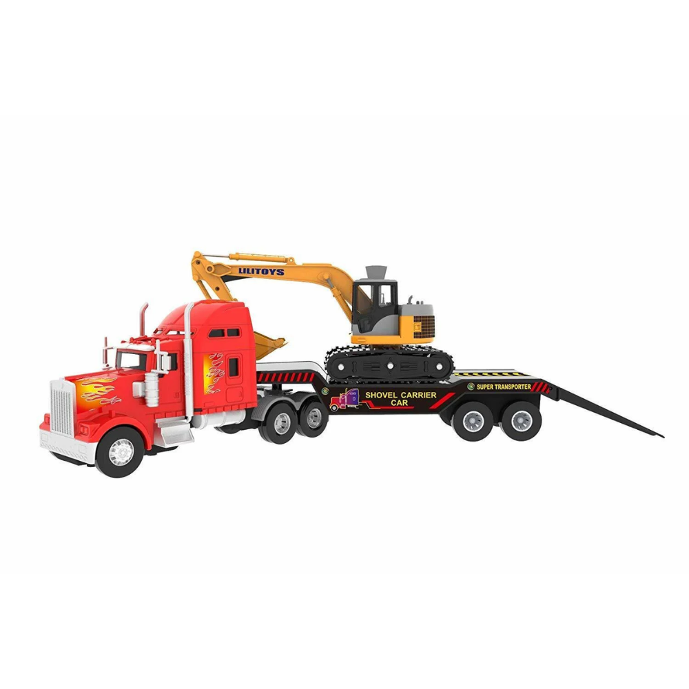Big Rig Heavy Duty Tractor Trailer Transport Series Flatbed with Excavator Inc. The Big-Daddy Heavy Duty Big Rig Series features a rugged tractor trailer designed for transporting large loads, offering easy use and safety for kids of all ages.  DB-32424 thumbnail