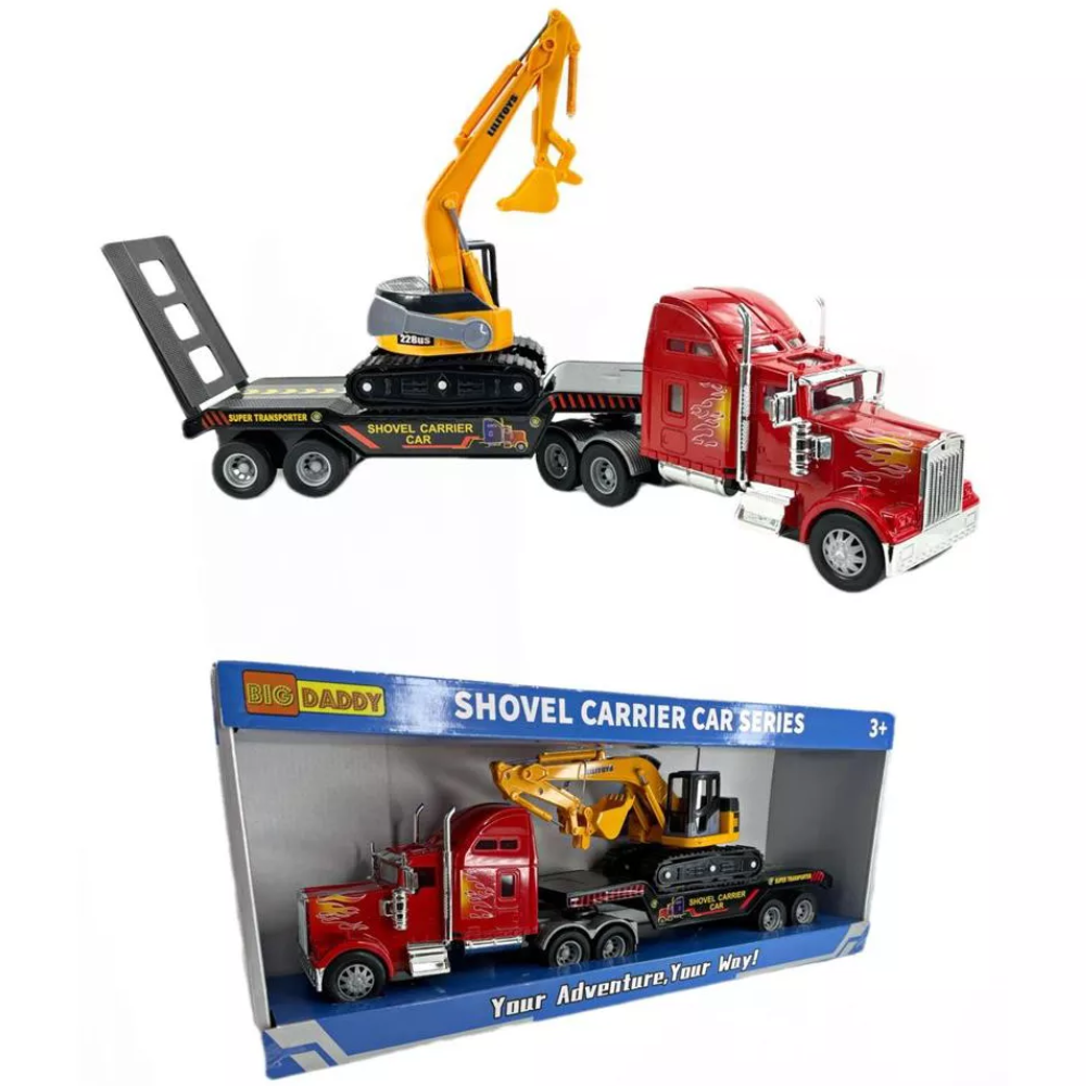 Big Rig Heavy Duty Tractor Trailer Transport Series Flatbed with Excavator Inc. The Big-Daddy Heavy Duty Big Rig Series features a rugged tractor trailer designed for transporting large loads, offering easy use and safety for kids of all ages.  DB-32424 thumbnail