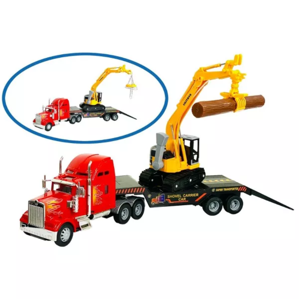 Big Rig Heavy Duty Tractor Trailer Transport Series Flatbed with Excavator Inc. The Big-Daddy Heavy Duty Big Rig Series features a rugged tractor trailer designed for transporting large loads, offering easy use and safety for kids of all ages.  DB-32424 thumbnail
