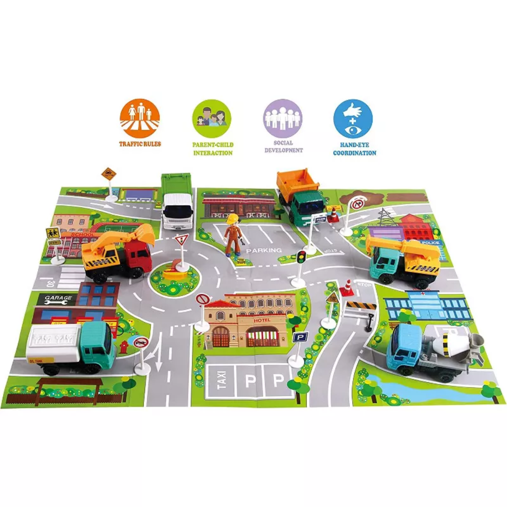 Big Daddy Construction World Toy Set Includes Excavator This exciting set begins with a large plastic city road map mat and includes four unique construction vehicles: a small excavator, crane, cement mixer, and dump truck. BD-32550 thumbnail