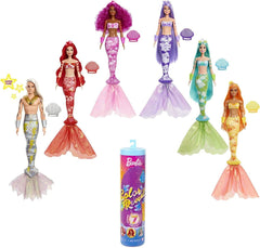 Barbie Rainbow Mermaid Series Water Reveal Unbox for 7 Surprises. Experience the ultimate unboxing surprise with Barbie Color Reveal! Each set includes seven surprises and a guaranteed colorful mermaid doll. HCC46