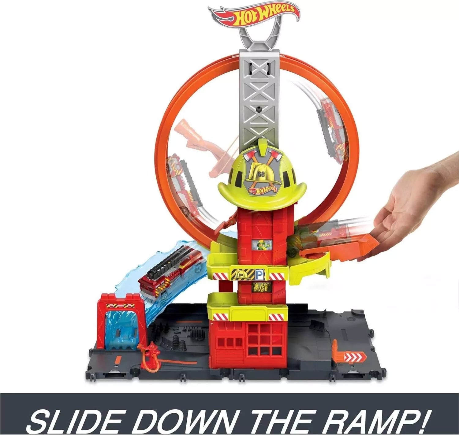 Hot Wheels City Super Loop Fire Station Playset & 1 Toy Firetruck. Perform stunts and race through an adjustable loop to protect Hot Wheels City with the Super Loop Fire Station playset! HKX41 thumbnail