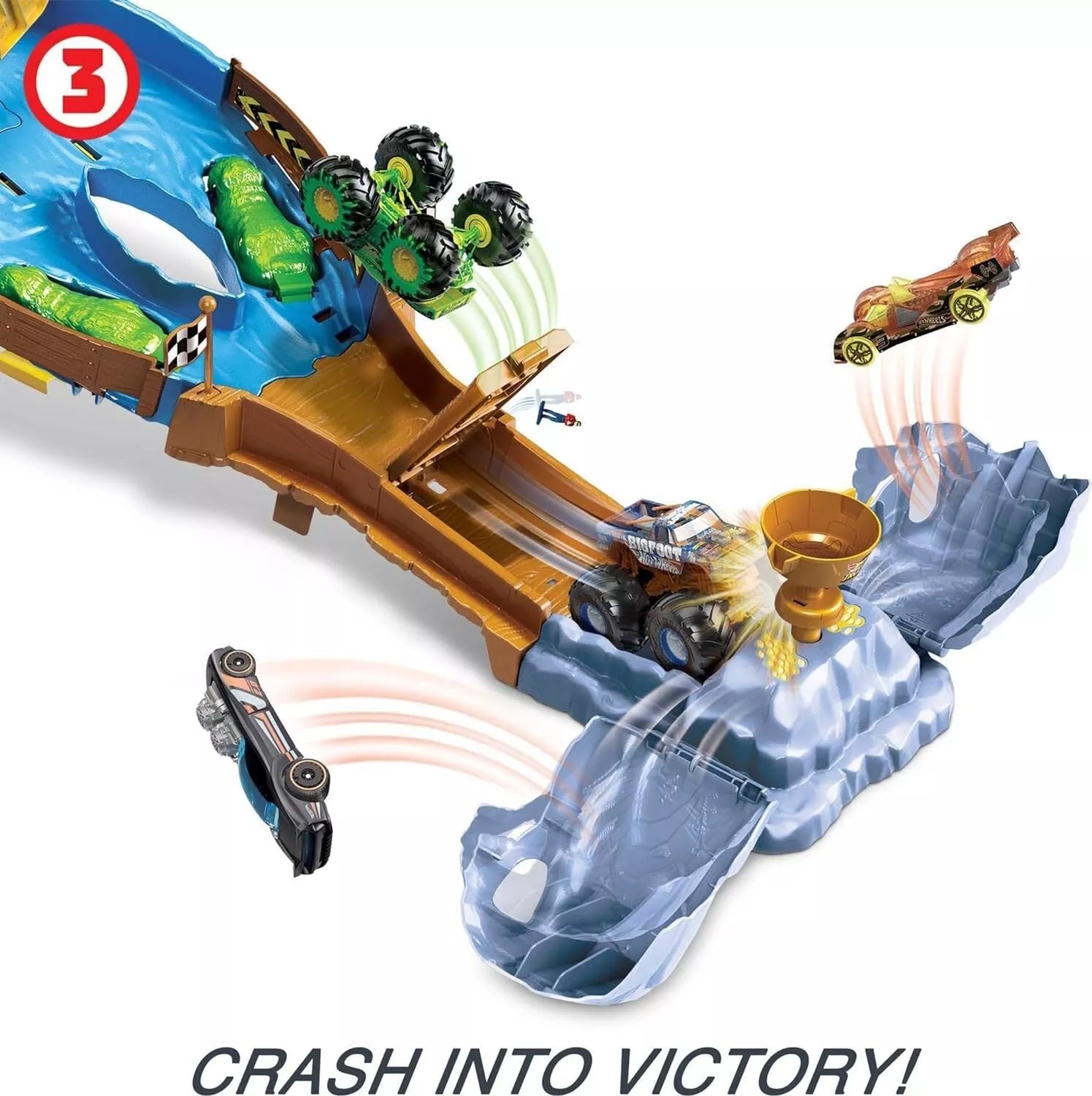 Hot Wheels Monster Trucks Wreckin' Raceway with 2 Toy Trucks HJG32 thumbnail